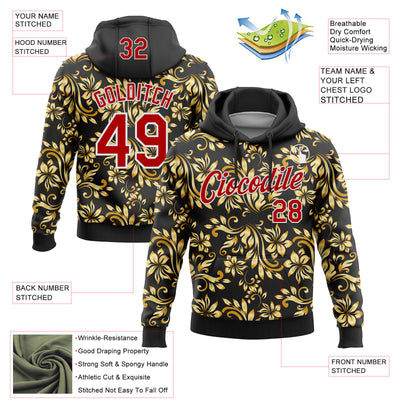 Custom Stitched Black Red-White 3D Pattern Design Golden Subtle Floral Sports Pullover Sweatshirt Hoodie