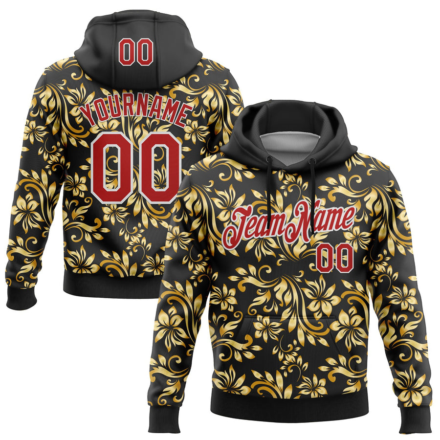 Custom Stitched Black Red-White 3D Pattern Design Golden Subtle Floral Sports Pullover Sweatshirt Hoodie