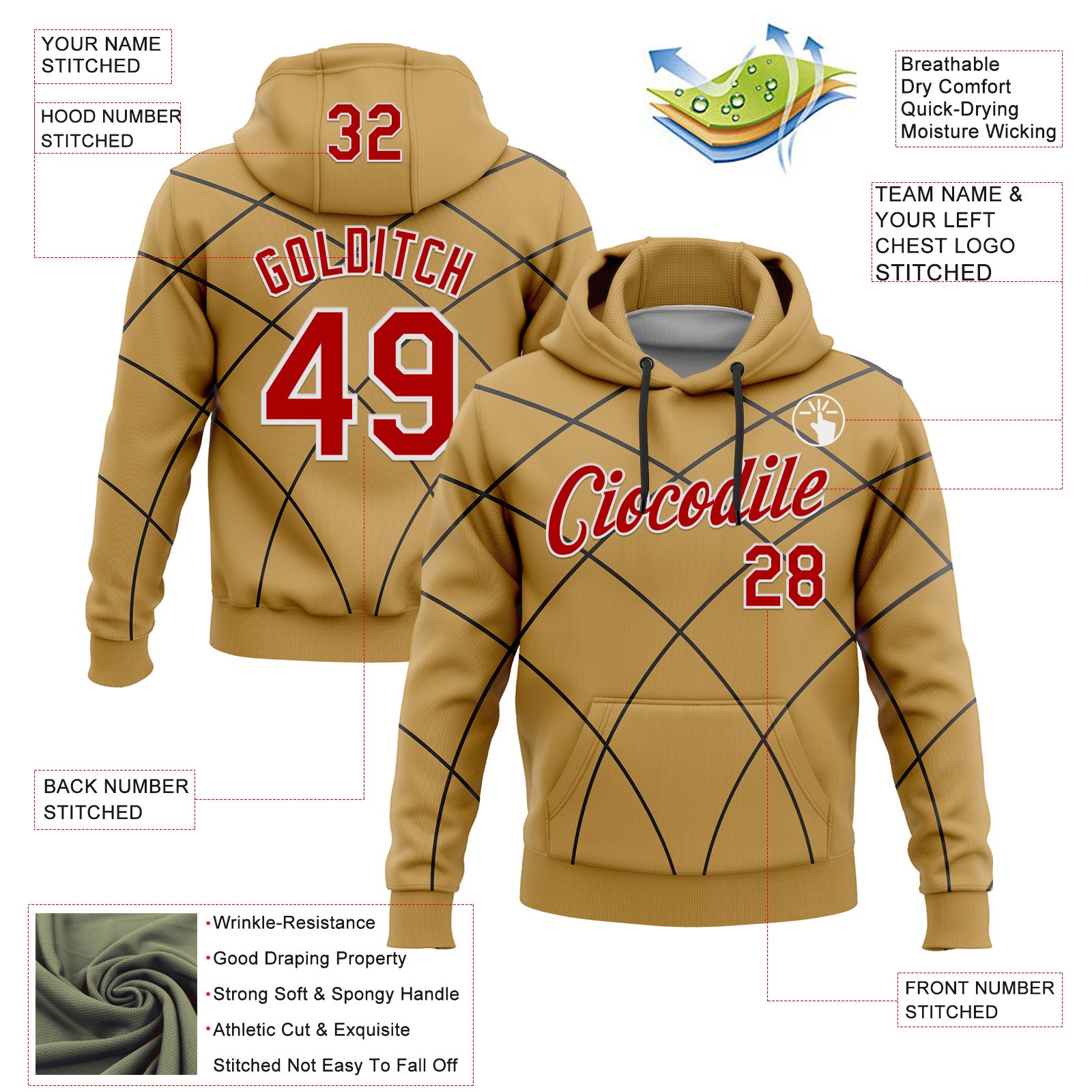 Custom Stitched Old Gold Red Black-White 3D Pattern Design Line Geometric Shape Sports Pullover Sweatshirt Hoodie