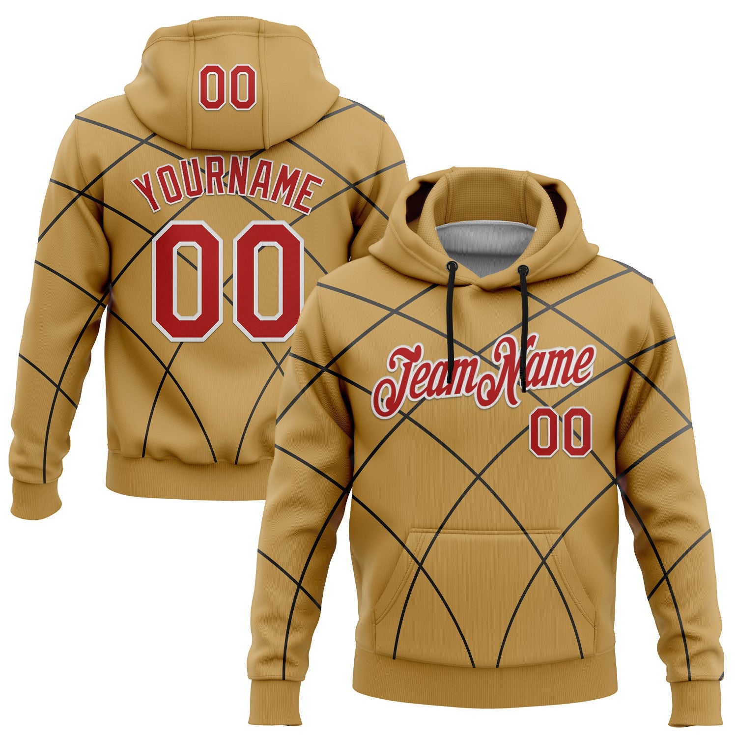 Custom Stitched Old Gold Red Black-White 3D Pattern Design Line Geometric Shape Sports Pullover Sweatshirt Hoodie