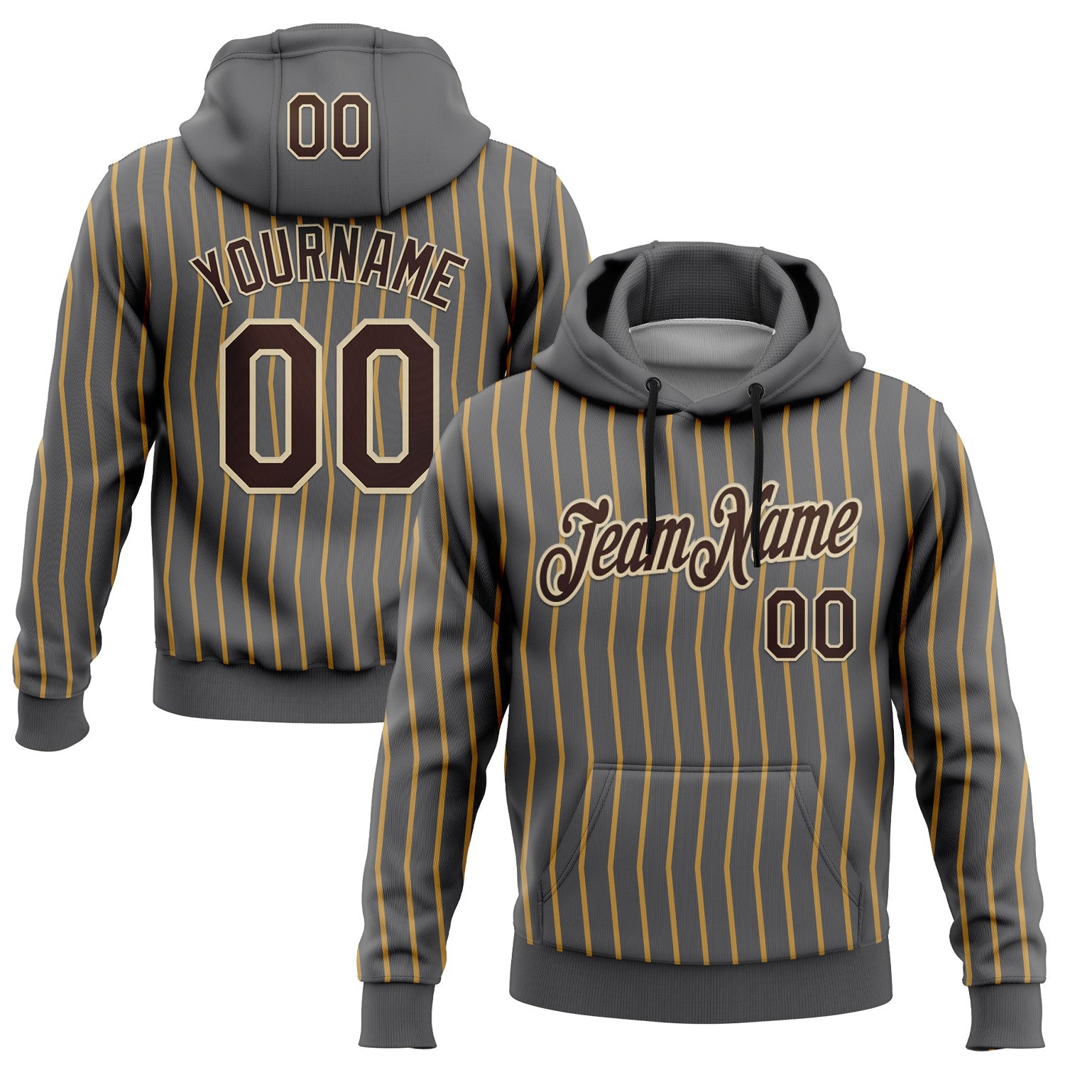 Custom Stitched Steel Gray Old Gold Pinstripe Brown-Cream 3D Pattern Design Line Sports Pullover Sweatshirt Hoodie