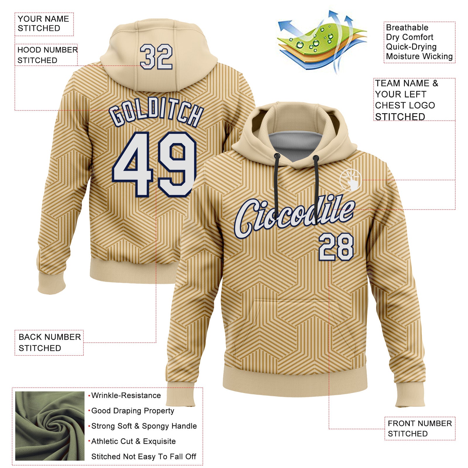 Custom Stitched City Cream White Old Gold-Navy 3D Pattern Design Line Geometric Shape Sports Pullover Sweatshirt Hoodie