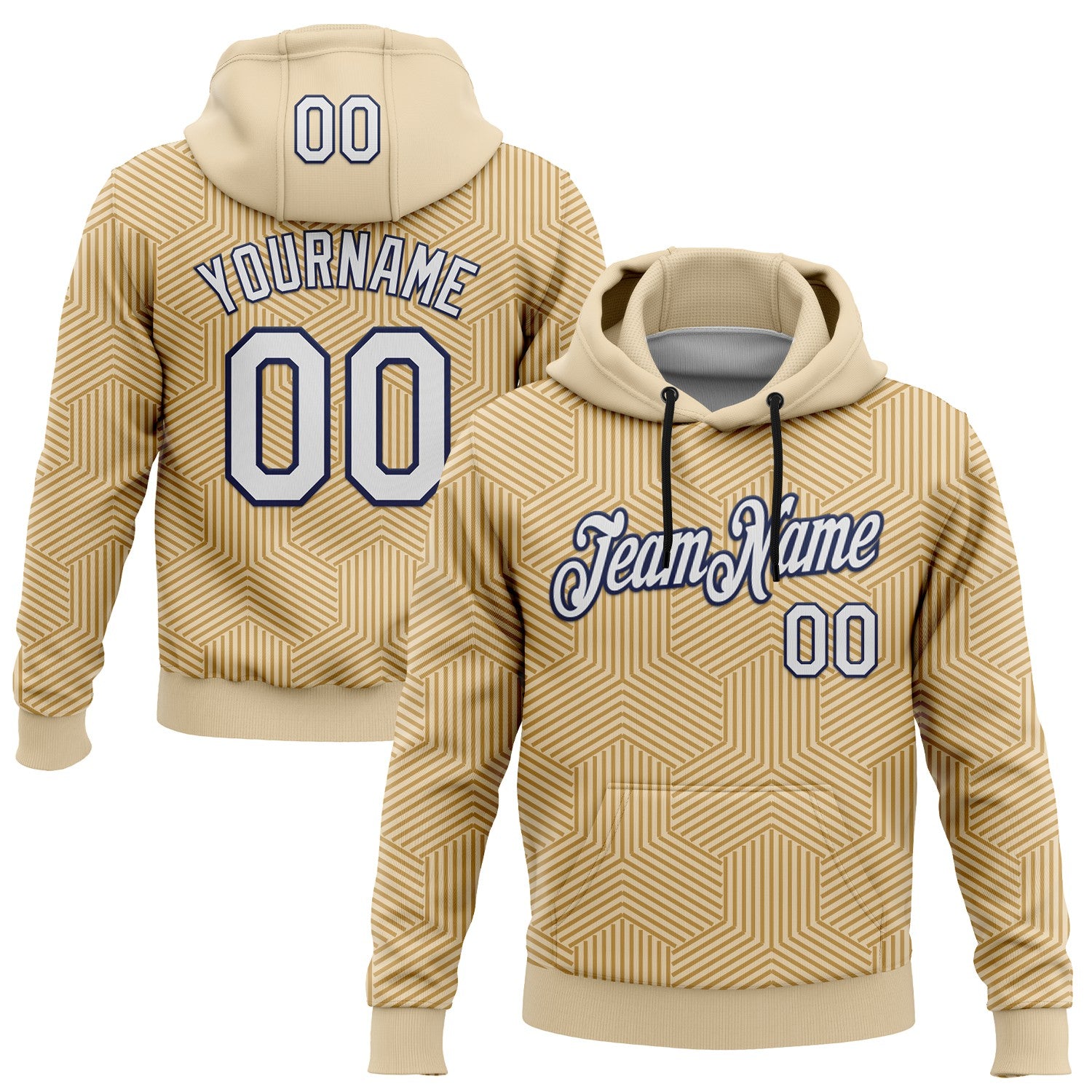 Custom Stitched City Cream White Old Gold-Navy 3D Pattern Design Line Geometric Shape Sports Pullover Sweatshirt Hoodie