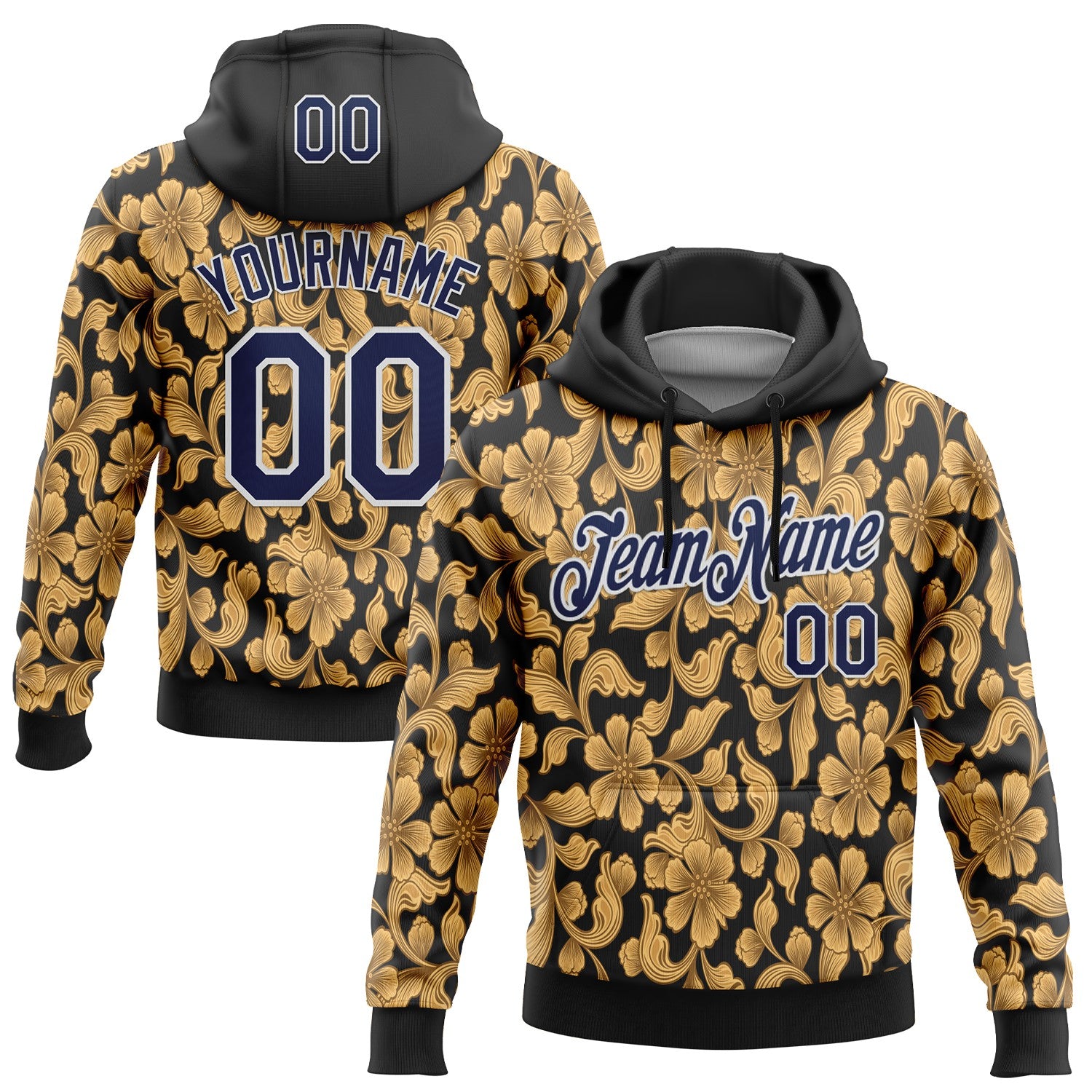 Custom Stitched Black Navy-White 3D Pattern Design Golden Subtle Floral Sports Pullover Sweatshirt Hoodie