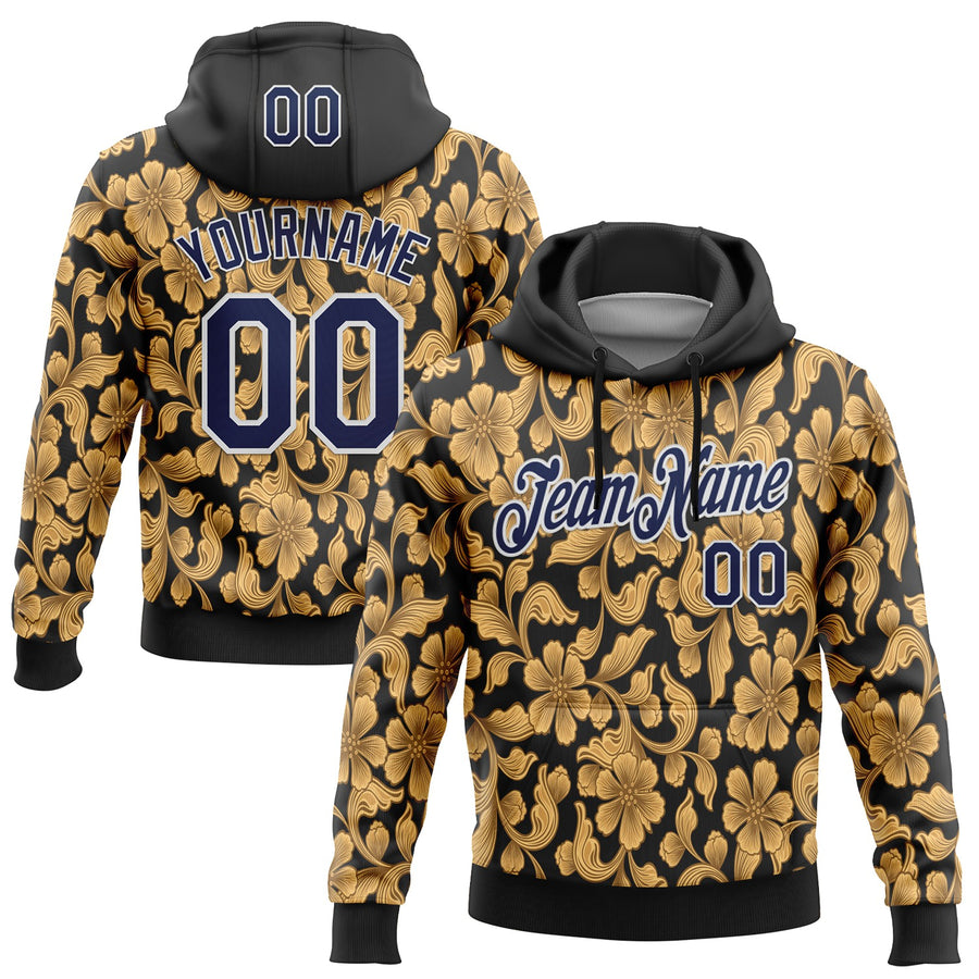 Custom Stitched Black Navy-White 3D Pattern Design Golden Subtle Floral Sports Pullover Sweatshirt Hoodie