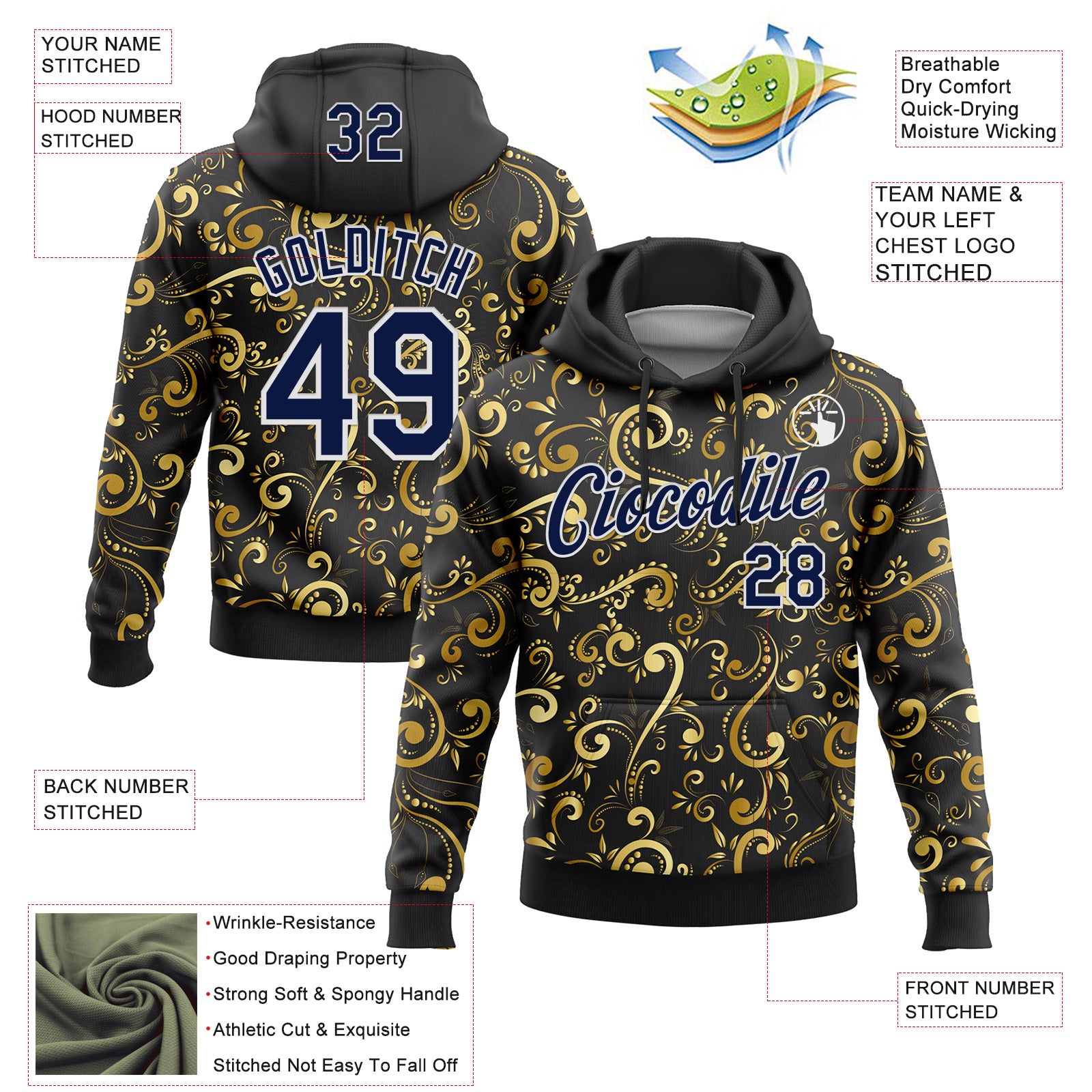 Custom Stitched Black Navy-White 3D Pattern Design Golden Subtle Floral Sports Pullover Sweatshirt Hoodie