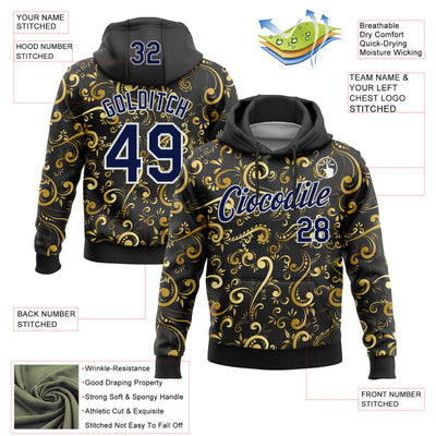 Custom Stitched Black Navy-White 3D Pattern Design Golden Subtle Floral Sports Pullover Sweatshirt Hoodie