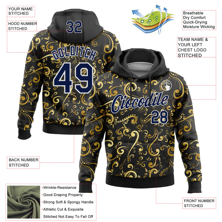 Custom Stitched Black Navy-White 3D Pattern Design Golden Subtle Floral Sports Pullover Sweatshirt Hoodie