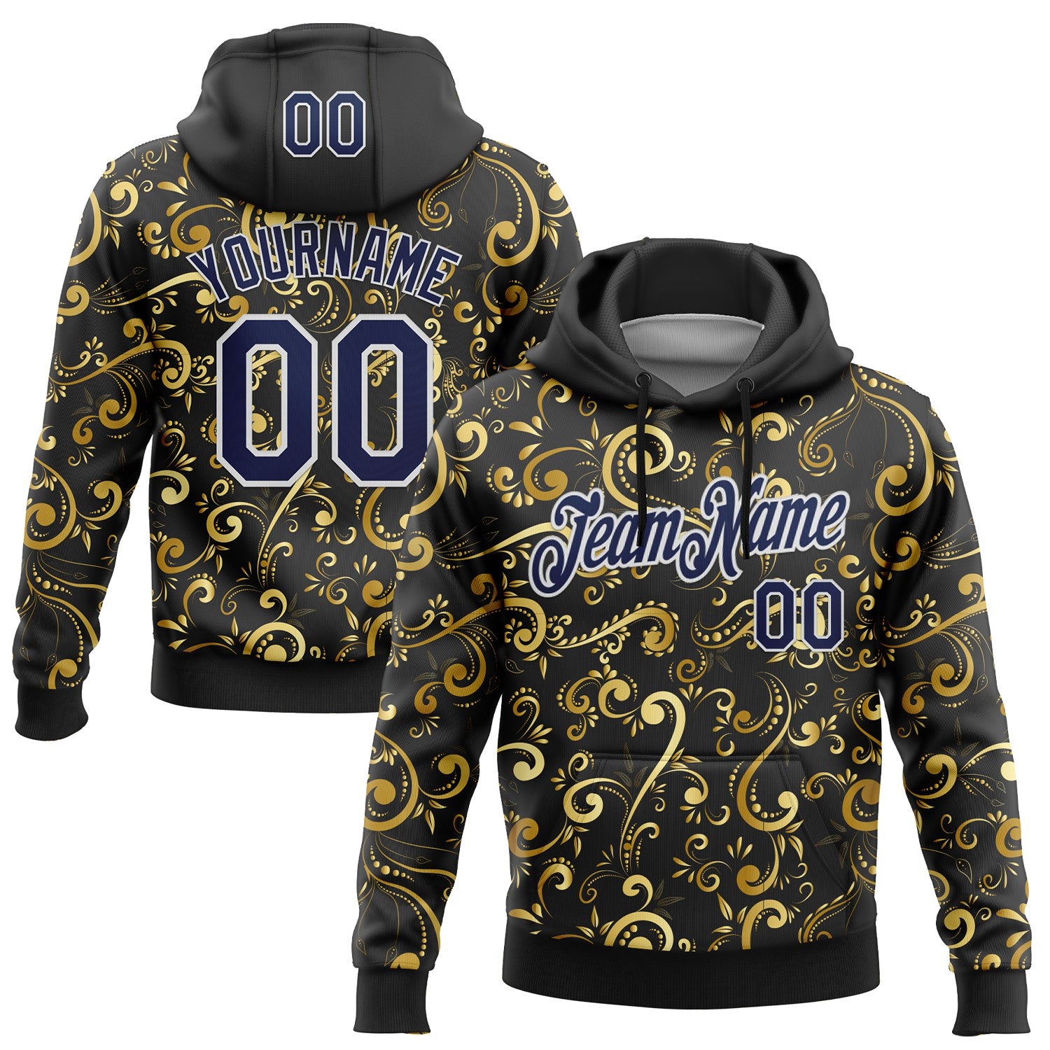 Custom Stitched Black Navy-White 3D Pattern Design Golden Subtle Floral Sports Pullover Sweatshirt Hoodie