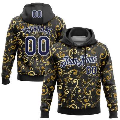 Custom Stitched Black Navy-White 3D Pattern Design Golden Subtle Floral Sports Pullover Sweatshirt Hoodie