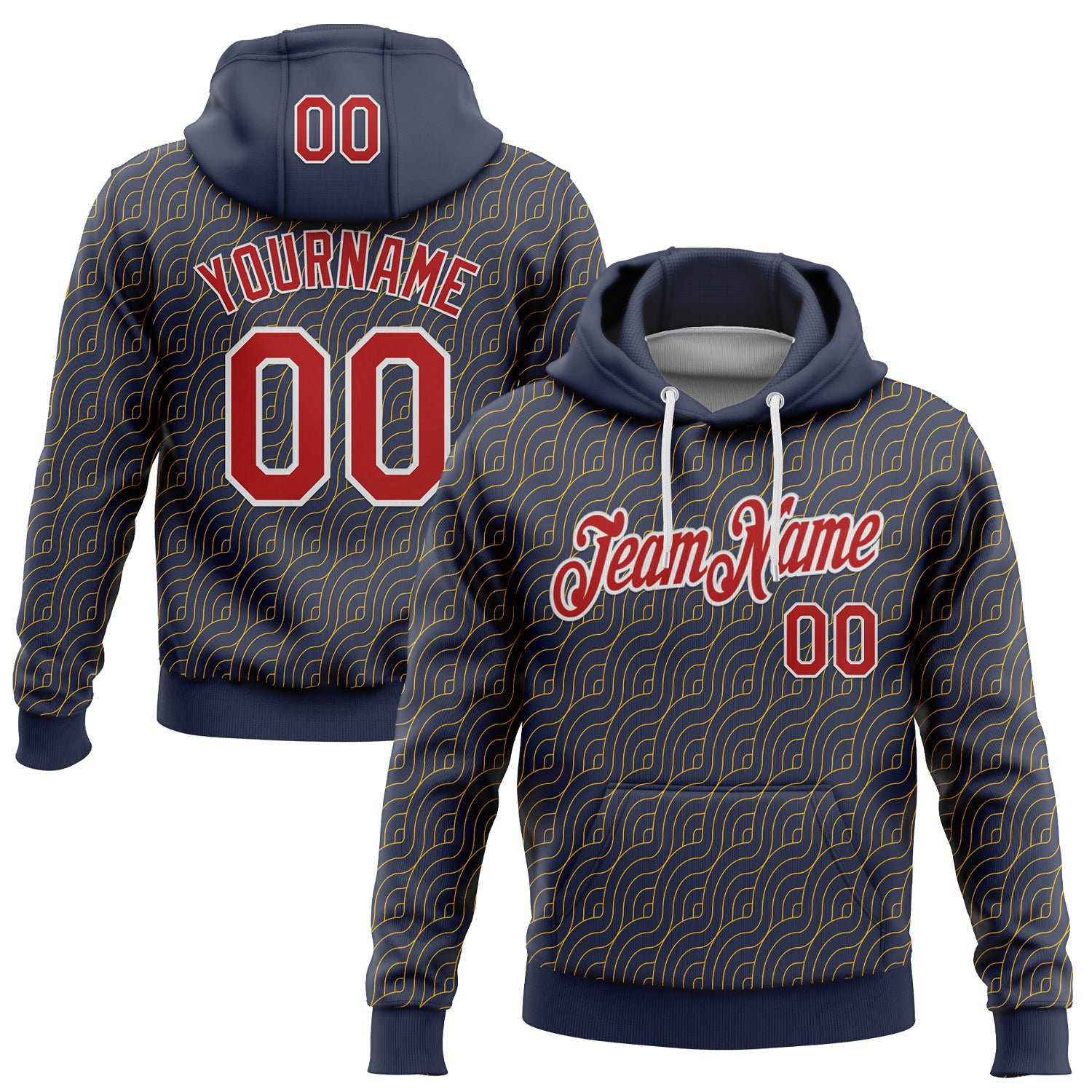 Custom Stitched Navy Red Gold-White 3D Pattern Design Wave Geometric Shape Sports Pullover Sweatshirt Hoodie
