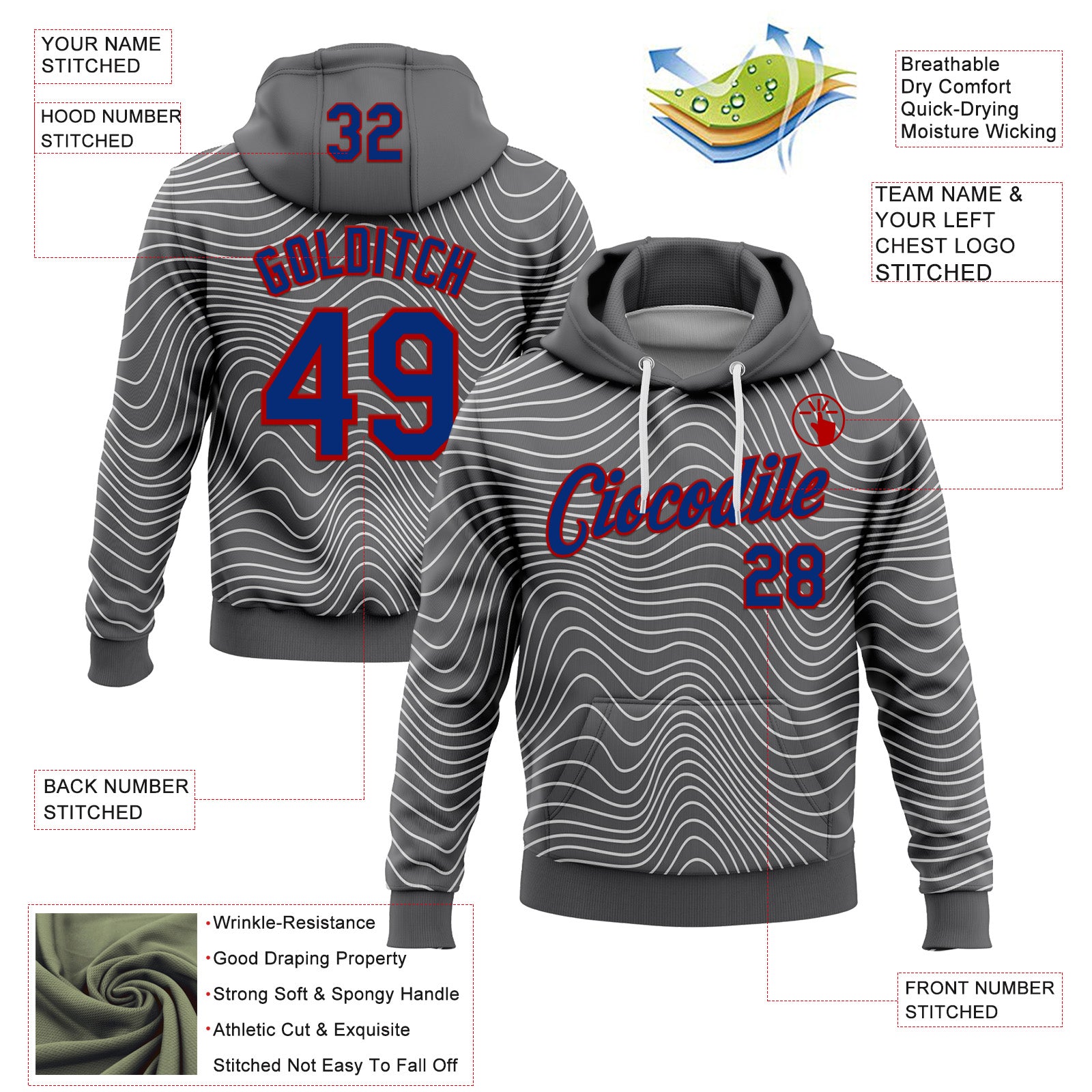 Custom Stitched Navy Royal Red-White 3D Pattern Design Wave Distorted Line Sports Pullover Sweatshirt Hoodie