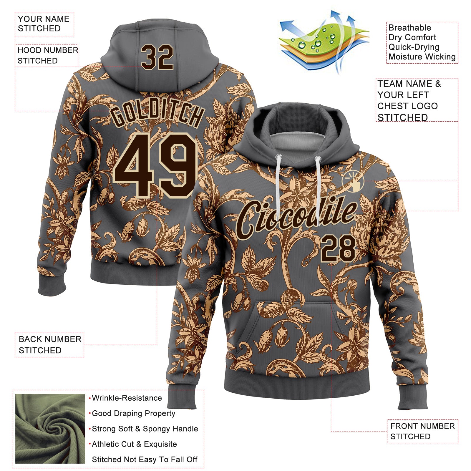 Custom Stitched Steel Gray Brown-Cream 3D Pattern Design Golden Subtle Floral Sports Pullover Sweatshirt Hoodie