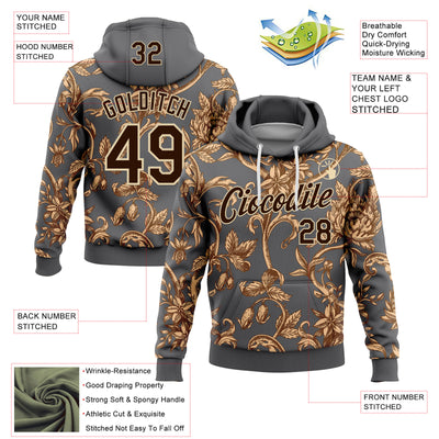 Custom Stitched Steel Gray Brown-Cream 3D Pattern Design Golden Subtle Floral Sports Pullover Sweatshirt Hoodie