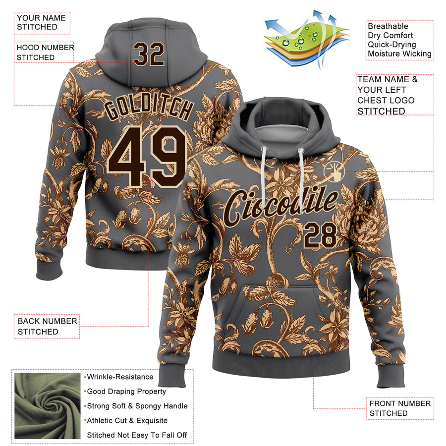 Custom Stitched Steel Gray Brown-Cream 3D Pattern Design Golden Subtle Floral Sports Pullover Sweatshirt Hoodie