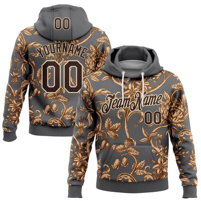 Custom Stitched Steel Gray Brown-Cream 3D Pattern Design Golden Subtle Floral Sports Pullover Sweatshirt Hoodie
