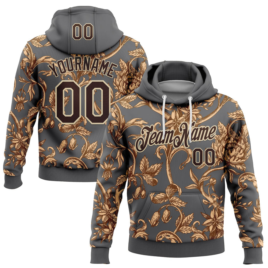 Custom Stitched Steel Gray Brown-Cream 3D Pattern Design Golden Subtle Floral Sports Pullover Sweatshirt Hoodie