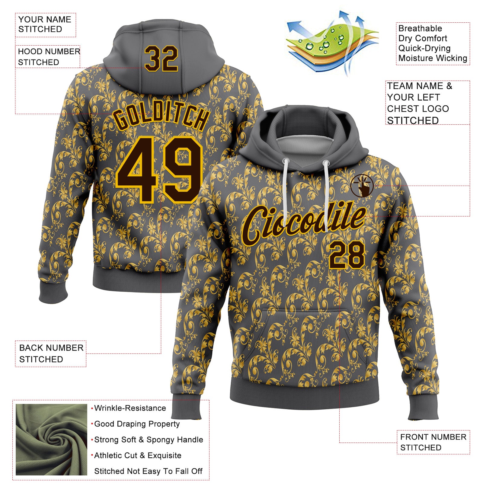 Custom Stitched Steel Gray Brown-Yellow 3D Pattern Design Golden Subtle Floral Sports Pullover Sweatshirt Hoodie