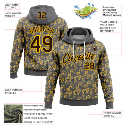 Custom Stitched Steel Gray Brown-Yellow 3D Pattern Design Golden Subtle Floral Sports Pullover Sweatshirt Hoodie