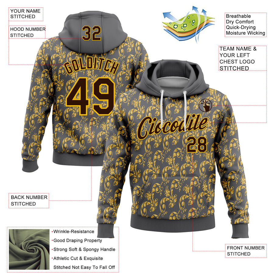 Custom Stitched Steel Gray Brown-Yellow 3D Pattern Design Golden Subtle Floral Sports Pullover Sweatshirt Hoodie