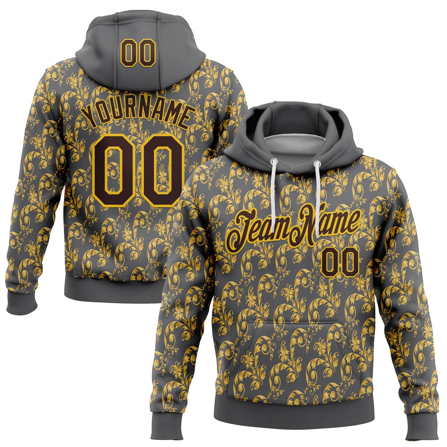 Custom Stitched Steel Gray Brown-Yellow 3D Pattern Design Golden Subtle Floral Sports Pullover Sweatshirt Hoodie