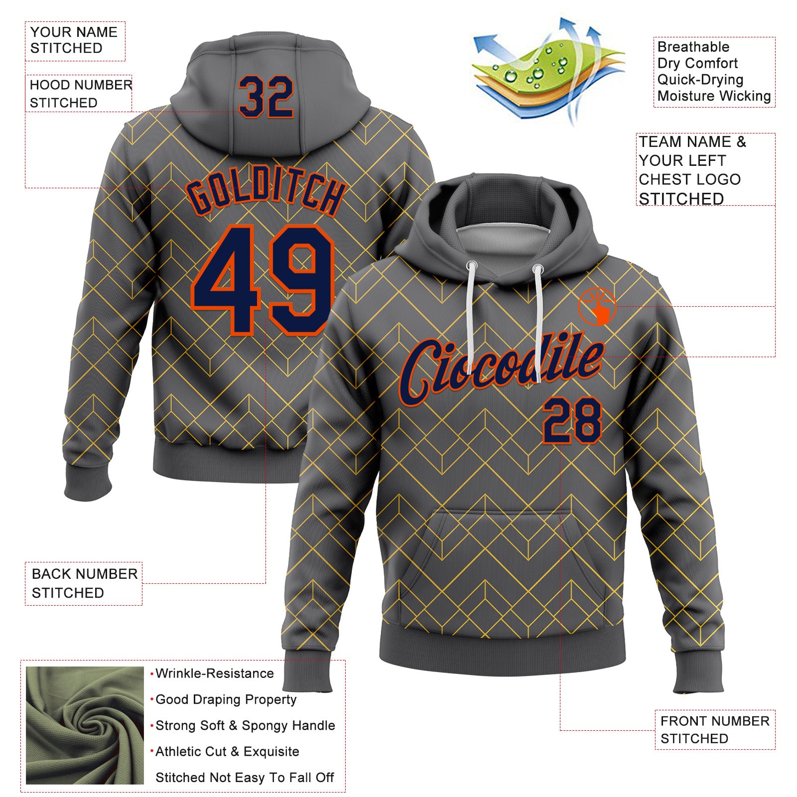 Custom Stitched Steel Gray Navy Gold-Orange 3D Pattern Design Line Geometric Shape Sports Pullover Sweatshirt Hoodie