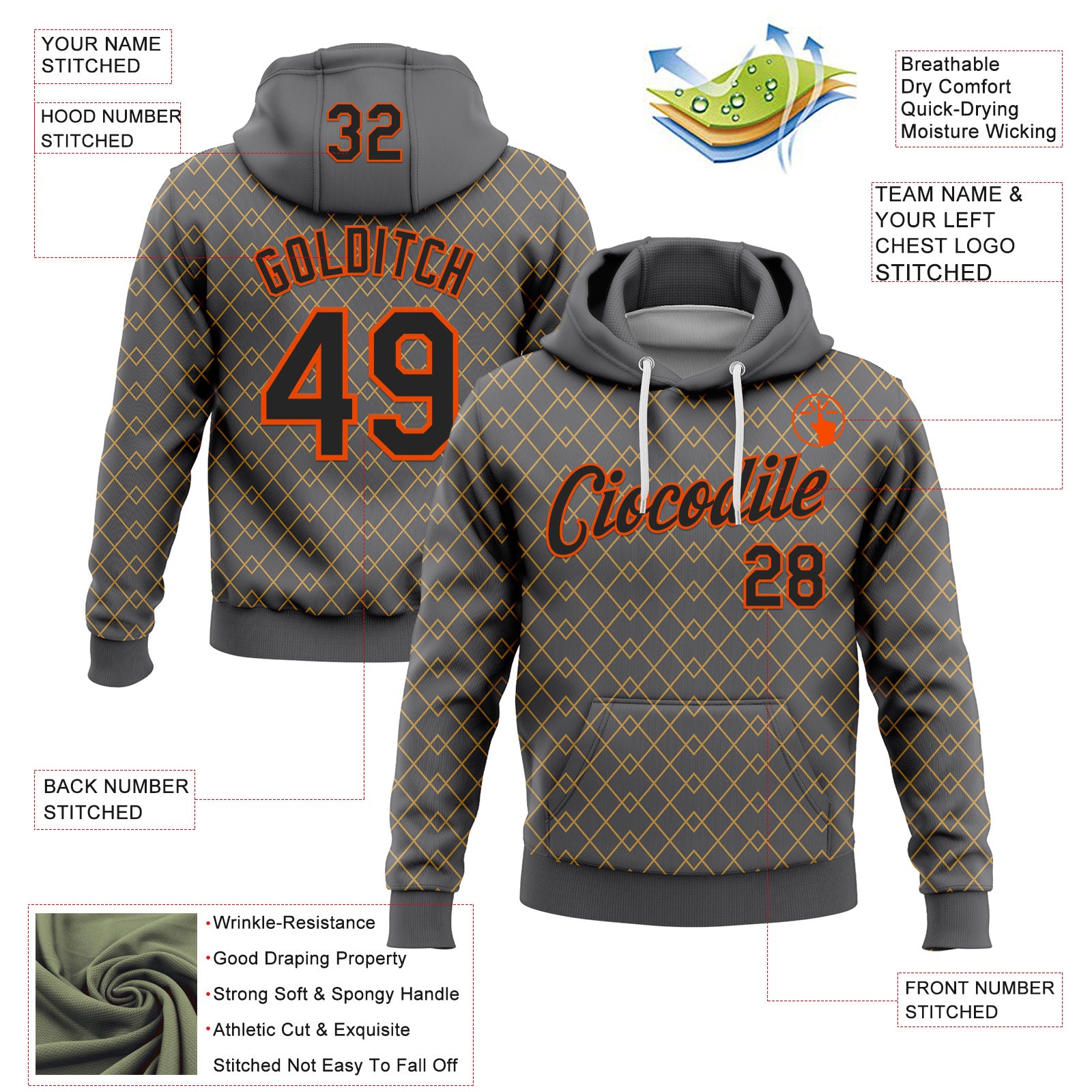 Custom Stitched Steel Gray Black Gold-Orange 3D Pattern Design Line Geometric Shape Sports Pullover Sweatshirt Hoodie