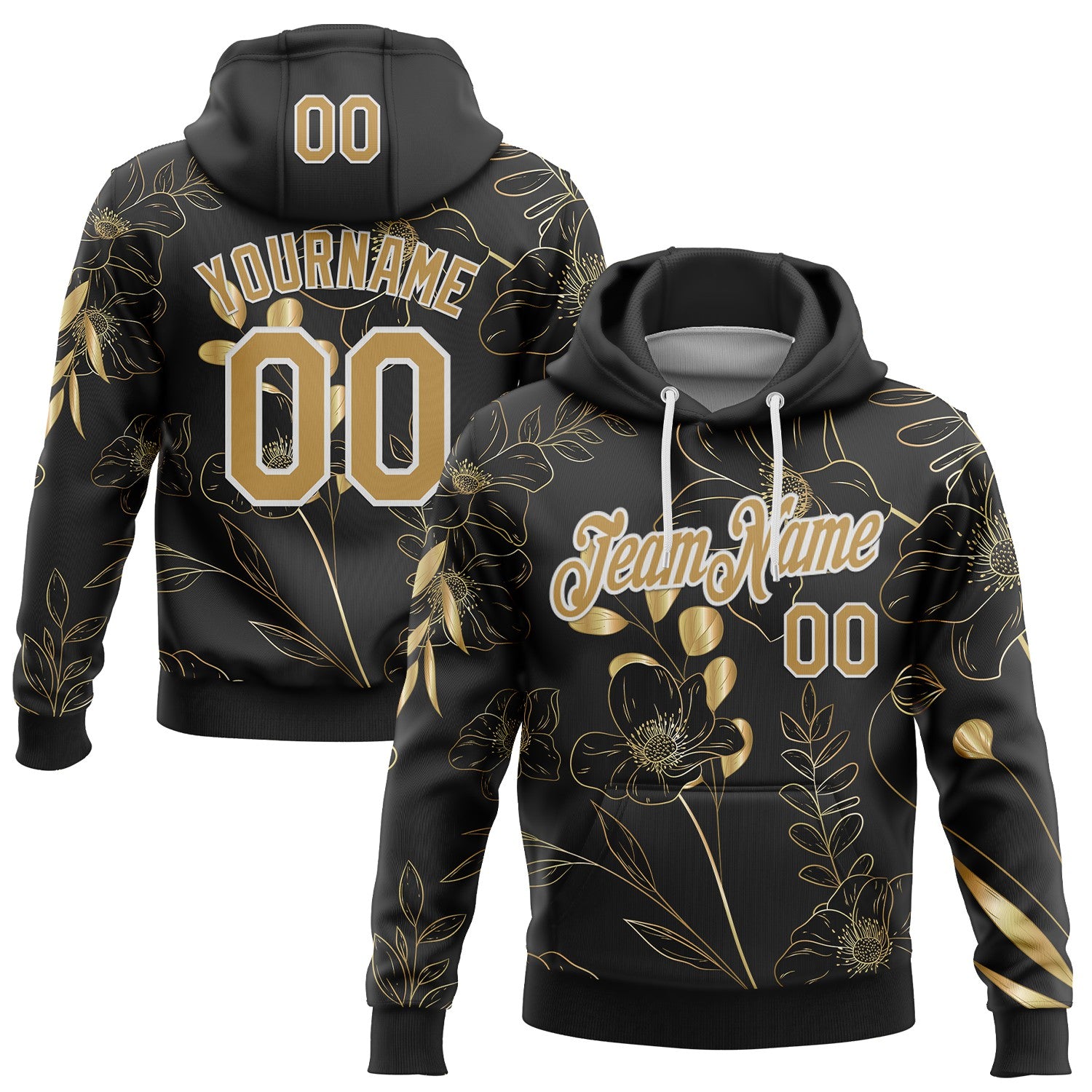 Custom Stitched Black Old Gold-White 3D Pattern Design Golden Subtle Floral Sports Pullover Sweatshirt Hoodie