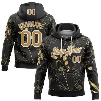 Custom Stitched Black Old Gold-White 3D Pattern Design Golden Subtle Floral Sports Pullover Sweatshirt Hoodie