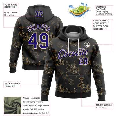 Custom Stitched Black Dark Purple-Cream 3D Pattern Design Golden Subtle Floral Sports Pullover Sweatshirt Hoodie
