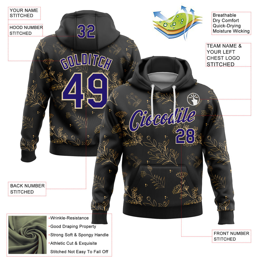 Custom Stitched Black Dark Purple-Cream 3D Pattern Design Golden Subtle Floral Sports Pullover Sweatshirt Hoodie