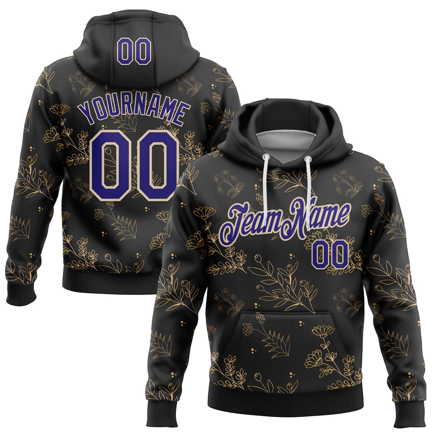 Custom Stitched Black Dark Purple-Cream 3D Pattern Design Golden Subtle Floral Sports Pullover Sweatshirt Hoodie