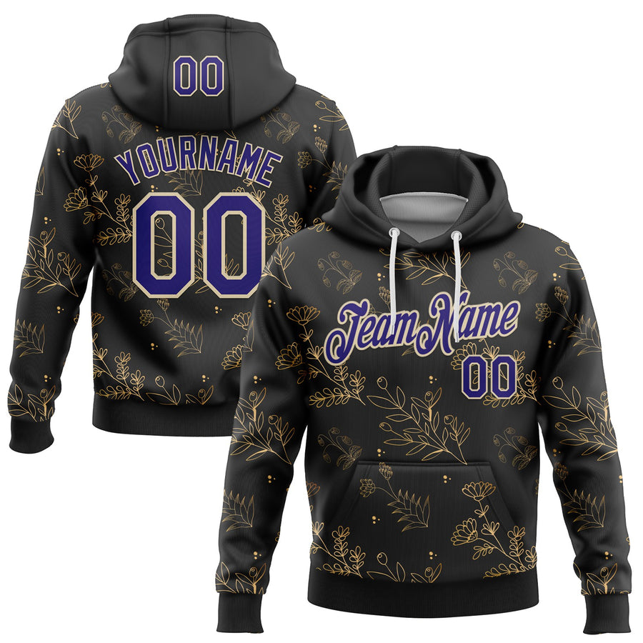 Custom Stitched Black Dark Purple-Cream 3D Pattern Design Golden Subtle Floral Sports Pullover Sweatshirt Hoodie