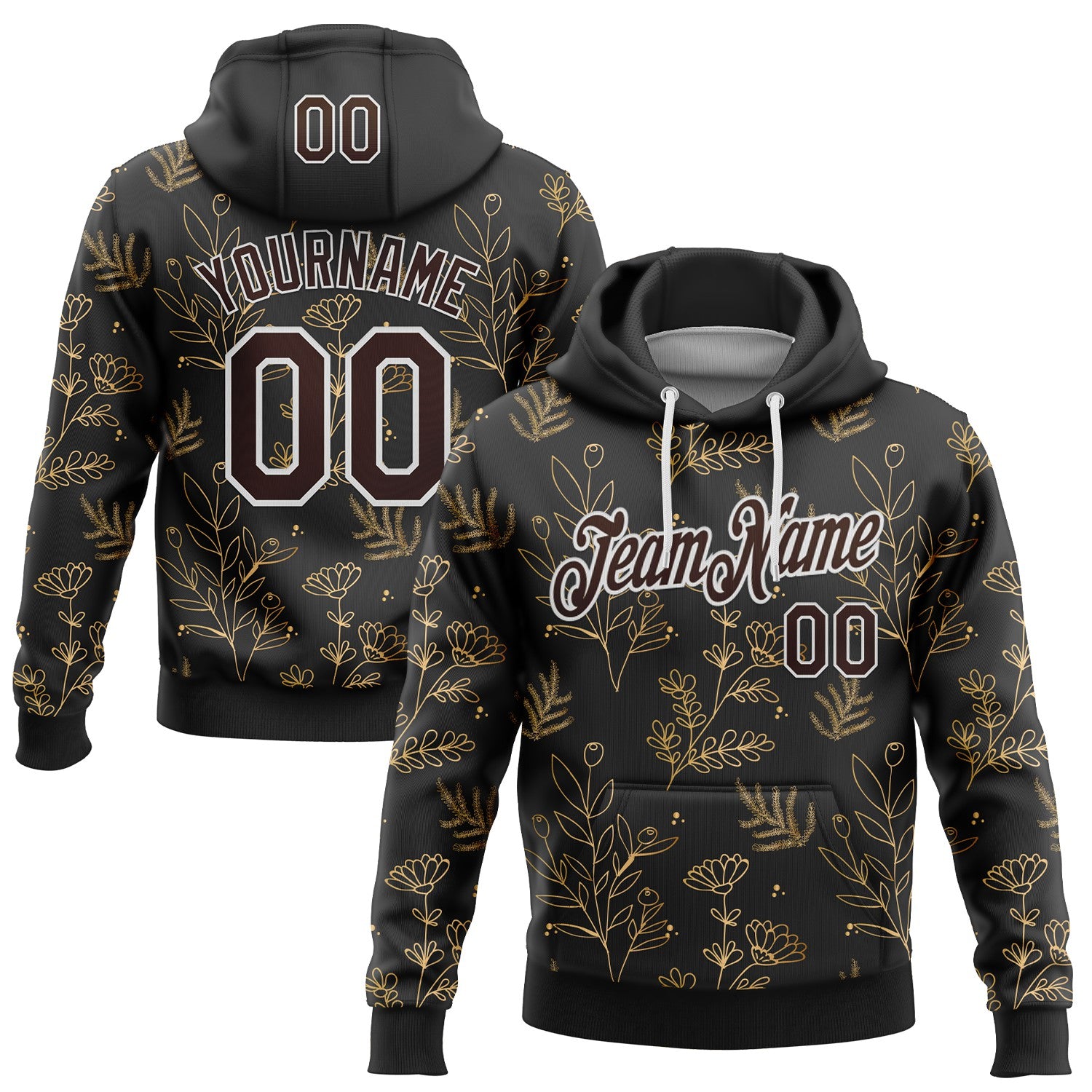 Custom Stitched Black Brown-White 3D Pattern Design Golden Subtle Floral Sports Pullover Sweatshirt Hoodie
