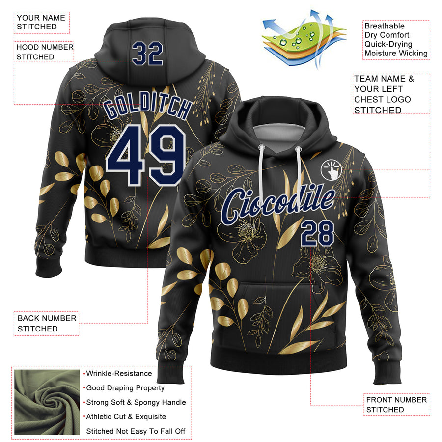 Custom Stitched Black Navy-White 3D Pattern Design Golden Subtle Floral Sports Pullover Sweatshirt Hoodie
