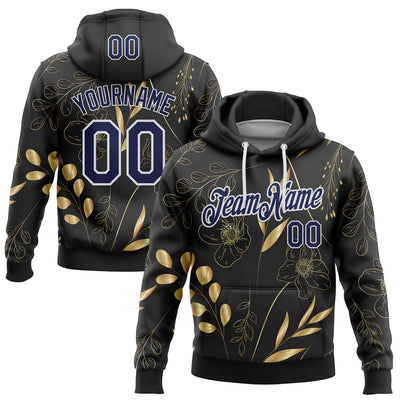 Custom Stitched Black Navy-White 3D Pattern Design Golden Subtle Floral Sports Pullover Sweatshirt Hoodie
