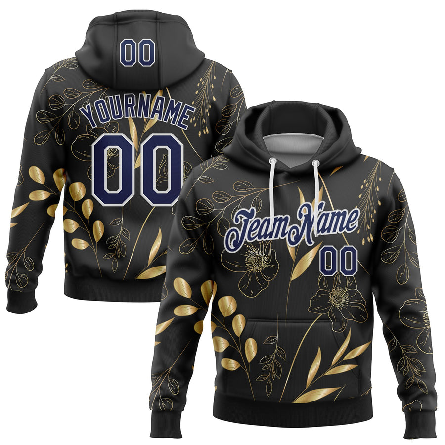 Custom Stitched Black Navy-White 3D Pattern Design Golden Subtle Floral Sports Pullover Sweatshirt Hoodie