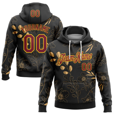 Custom Stitched Black Crimson-Yellow 3D Pattern Design Golden Subtle Floral Sports Pullover Sweatshirt Hoodie