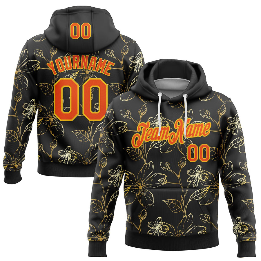 Custom Stitched Black Orange-Yellow 3D Pattern Design Golden Subtle Floral Sports Pullover Sweatshirt Hoodie