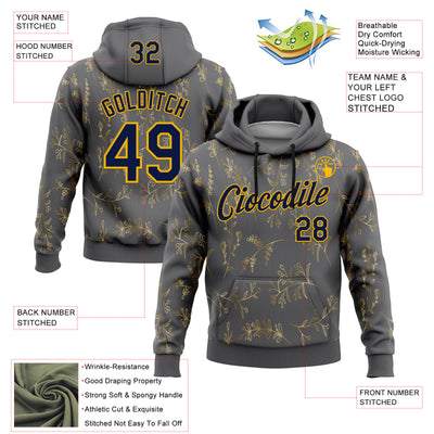 Custom Stitched Steel Gray Navy-Gold 3D Pattern Design Golden Subtle Floral Sports Pullover Sweatshirt Hoodie