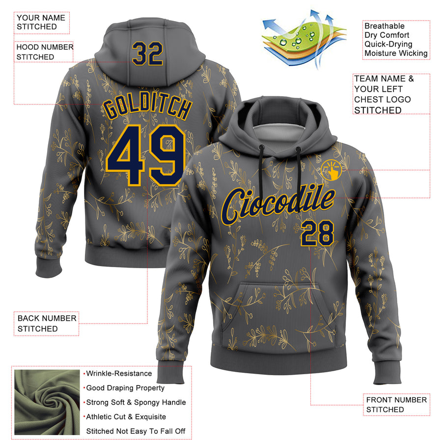 Custom Stitched Steel Gray Navy-Gold 3D Pattern Design Golden Subtle Floral Sports Pullover Sweatshirt Hoodie
