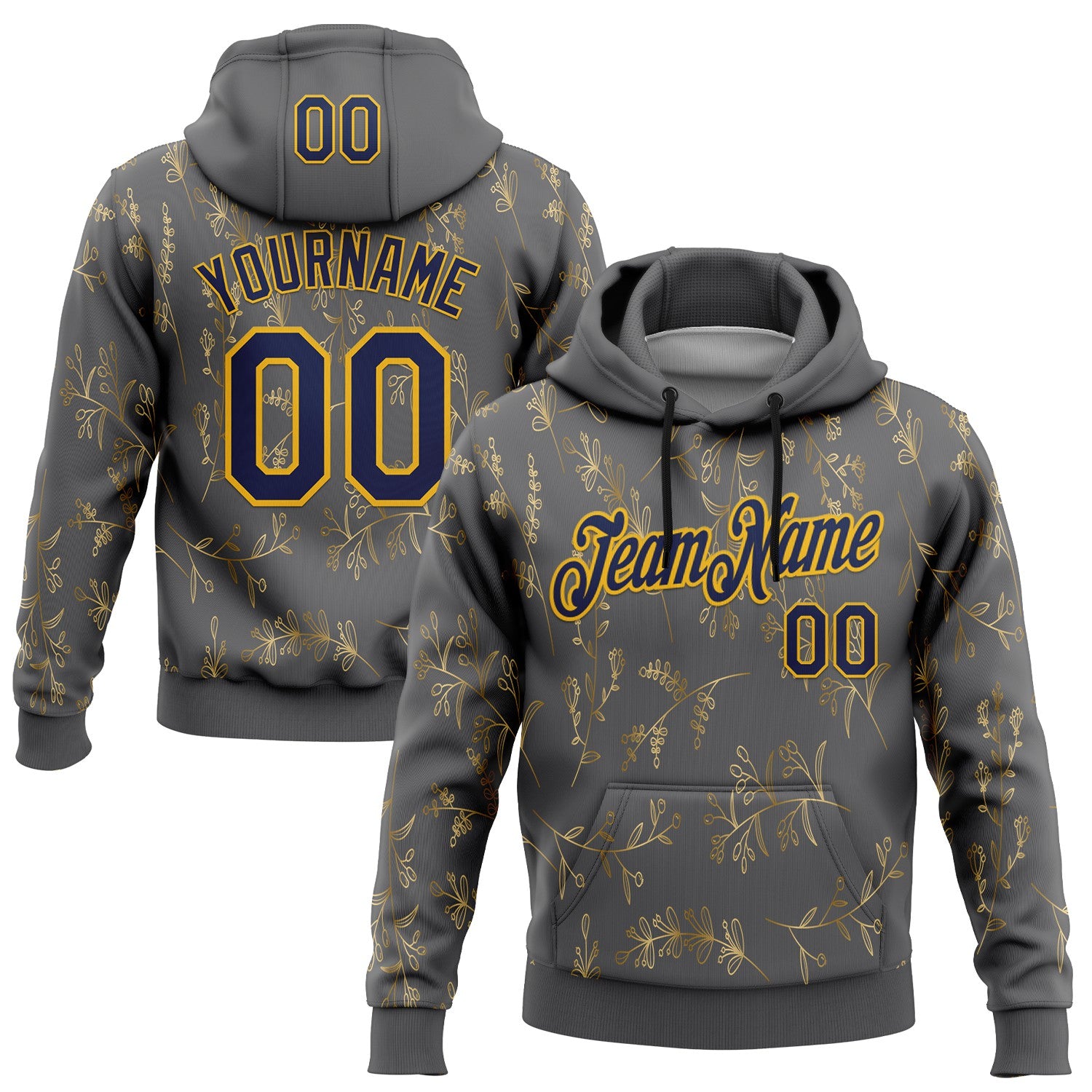 Custom Stitched Steel Gray Navy-Gold 3D Pattern Design Golden Subtle Floral Sports Pullover Sweatshirt Hoodie