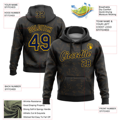 Custom Stitched Black Navy-Gold 3D Pattern Design Golden Subtle Floral Sports Pullover Sweatshirt Hoodie