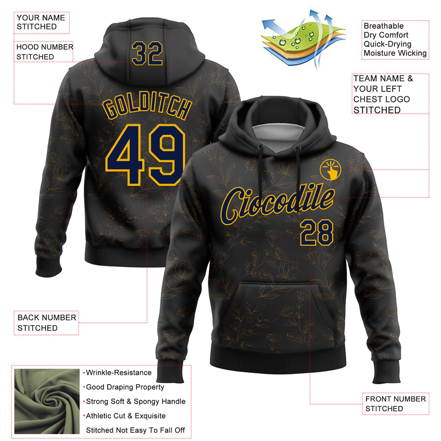 Custom Stitched Black Navy-Gold 3D Pattern Design Golden Subtle Floral Sports Pullover Sweatshirt Hoodie