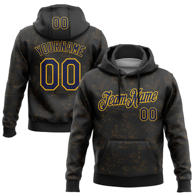 Custom Stitched Black Navy-Gold 3D Pattern Design Golden Subtle Floral Sports Pullover Sweatshirt Hoodie