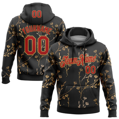 Custom Stitched Black Red-Old Gold 3D Pattern Design Golden Subtle Floral Sports Pullover Sweatshirt Hoodie