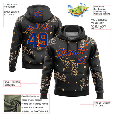 Custom Stitched Black Royal-Orange 3D Pattern Design Golden Subtle Floral Sports Pullover Sweatshirt Hoodie
