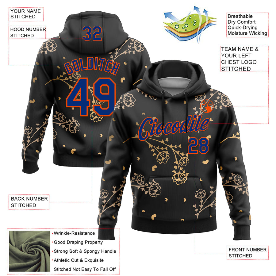 Custom Stitched Black Royal-Orange 3D Pattern Design Golden Subtle Floral Sports Pullover Sweatshirt Hoodie