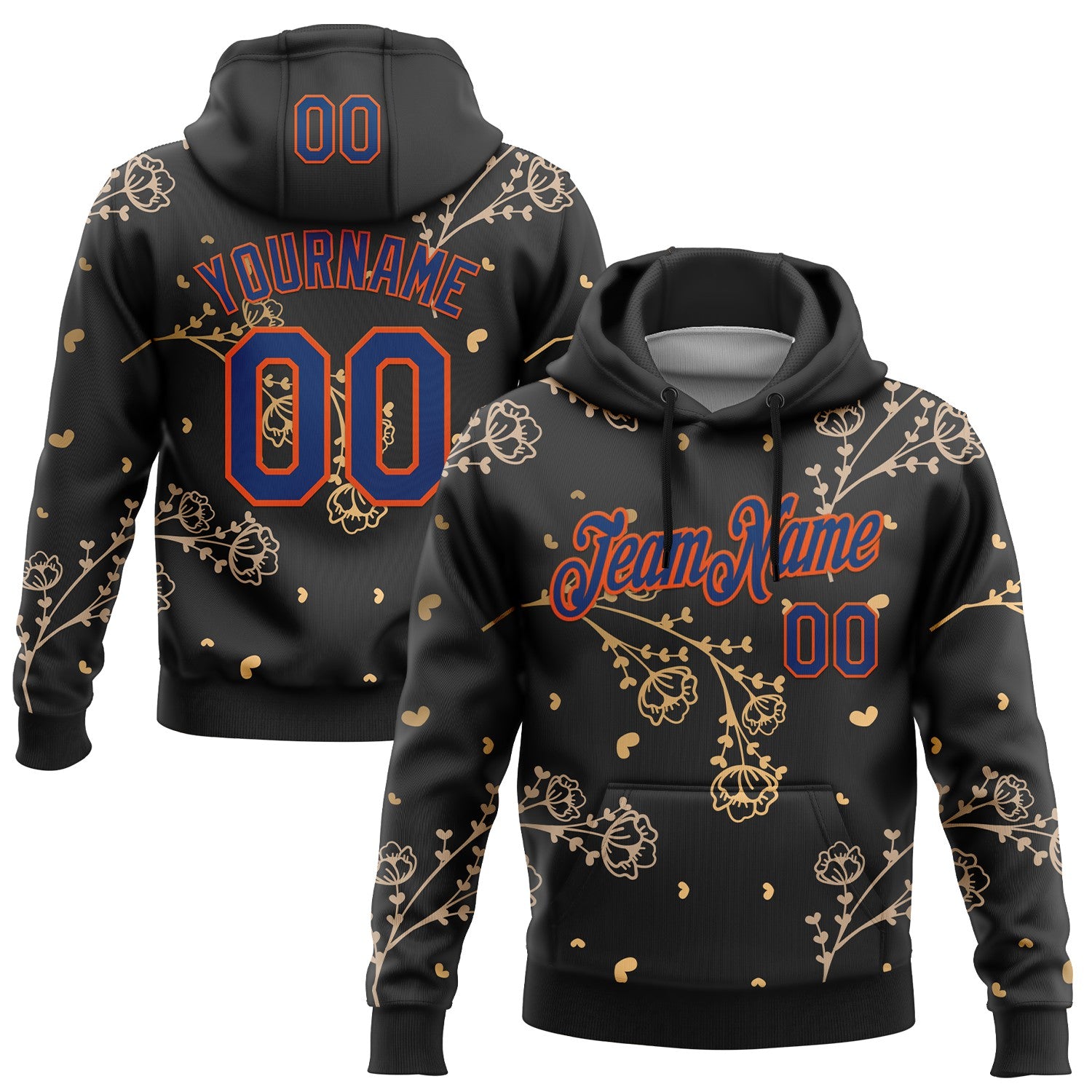 Custom Stitched Black Royal-Orange 3D Pattern Design Golden Subtle Floral Sports Pullover Sweatshirt Hoodie