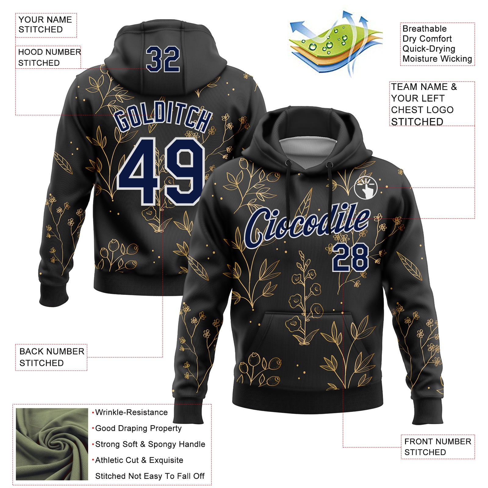 Custom Stitched Black Navy-White 3D Pattern Design Golden Subtle Floral Sports Pullover Sweatshirt Hoodie